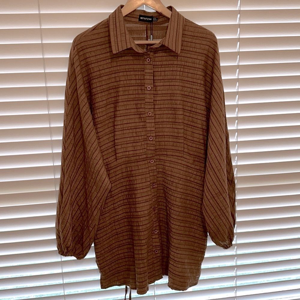 PLT 10 Chocolate Brown Long Puff Bat Sleeve Crinkle Striped Shirt Dress